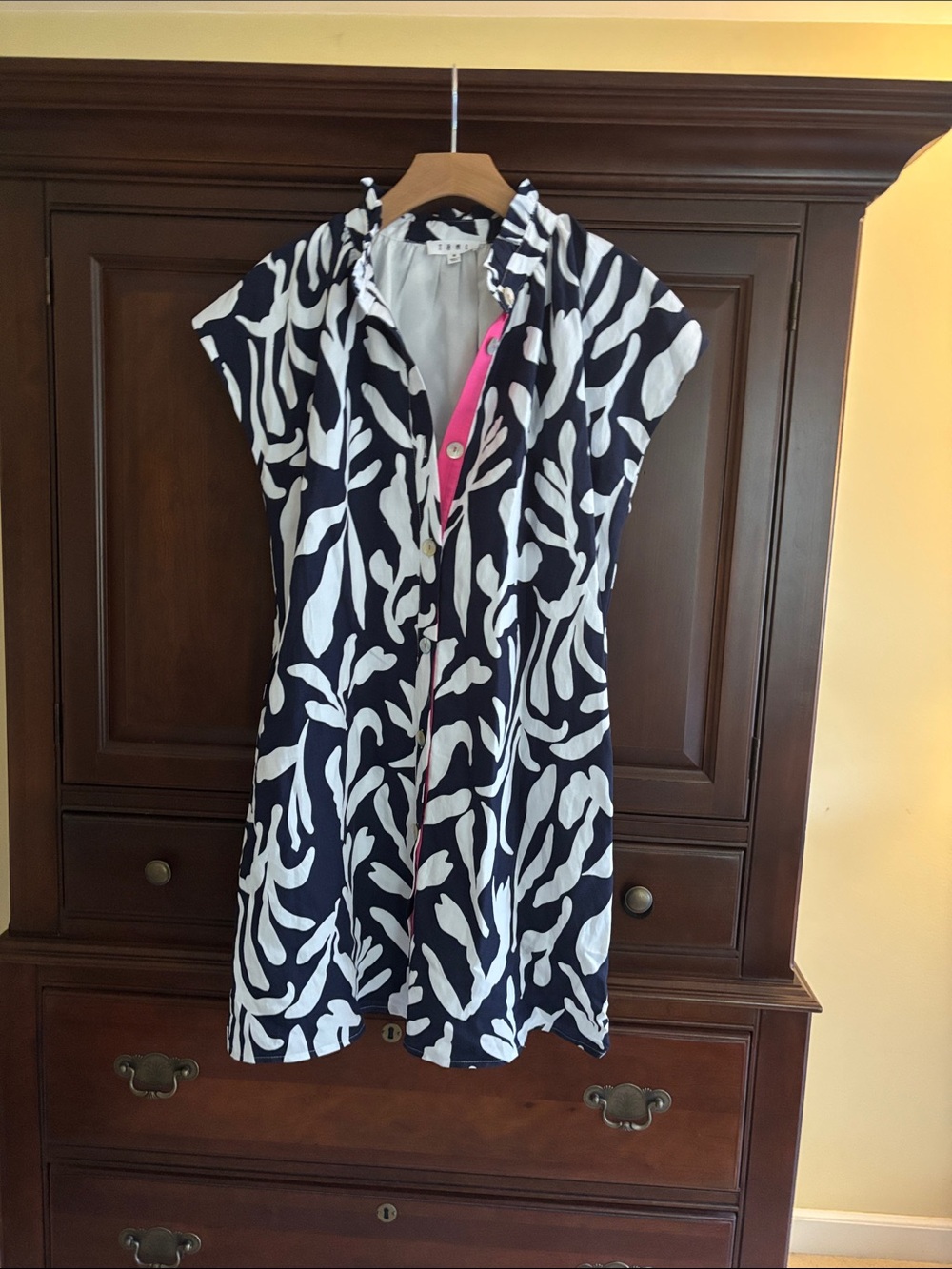 White and Navy Printed Shirt Dress with Pink Trim